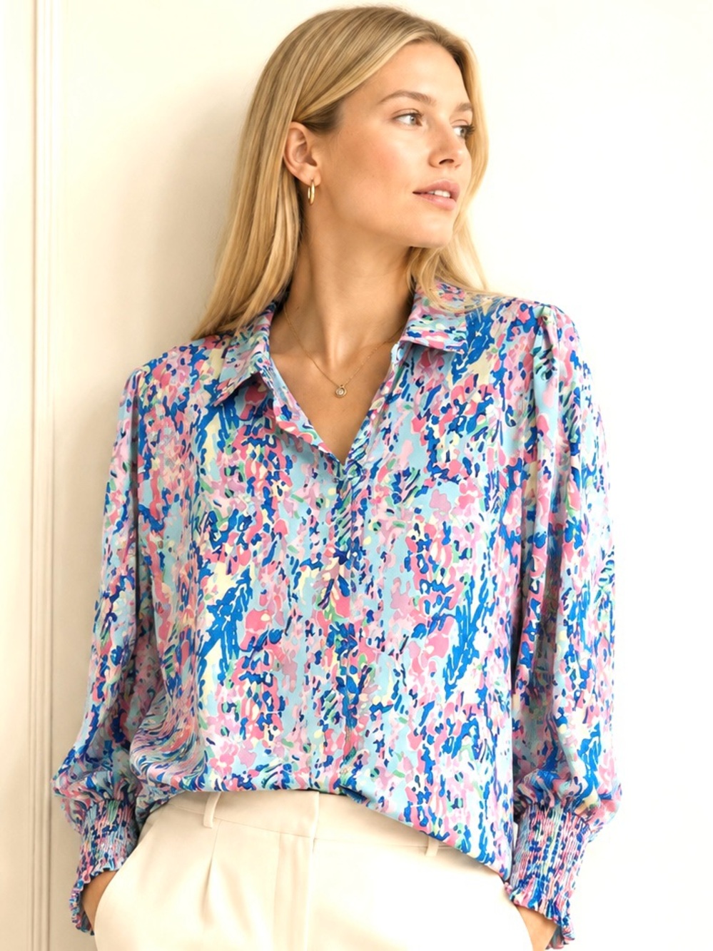 Collared Abstract Print Blouse - Blue/Pink